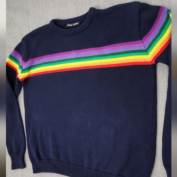 Brandy Melville Navy /Rainbow Striped 100% Cotton Crewneck Knit Sweater. Medium - Picture 2 of 8
